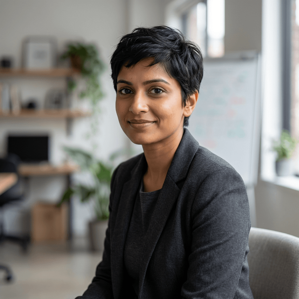 Priya Sharma in smart casual attire in a small office