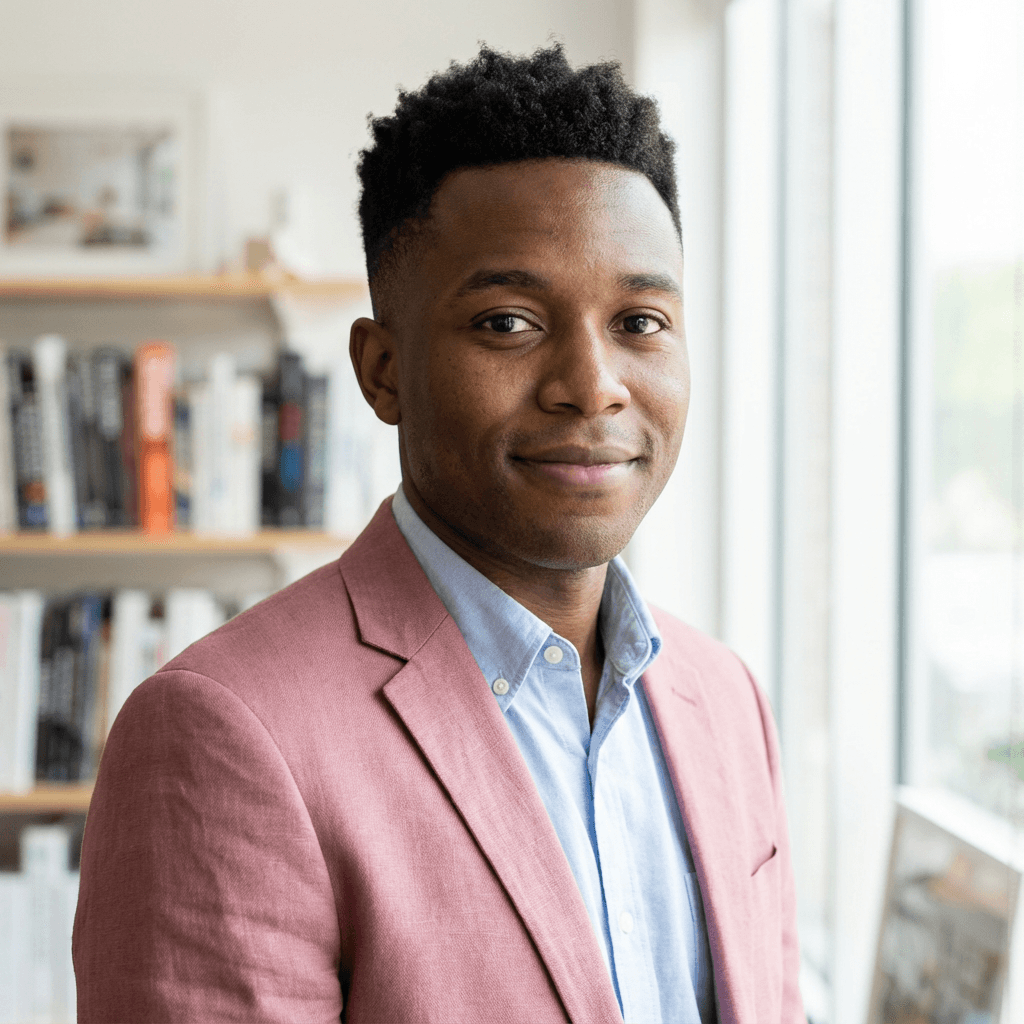 James Okafor in a button-up shirt standing in a warehouse
