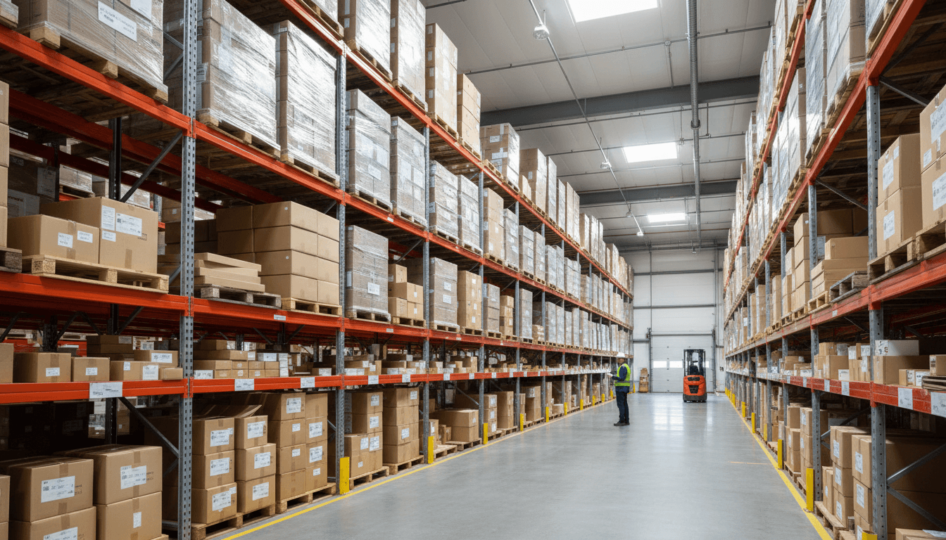 Organized warehouse racks with inventory in Toronto