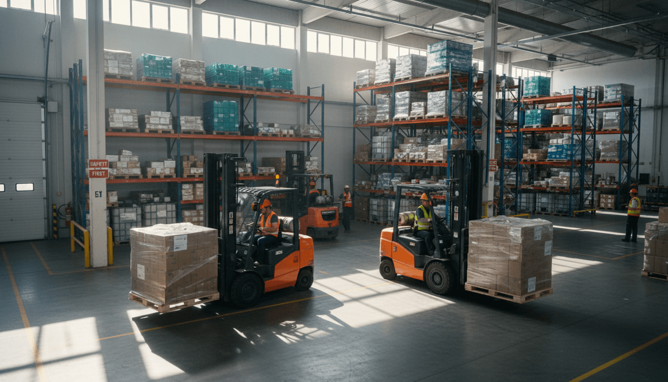Warehouse worker checking inventory on a clipboard at a receiving dock
