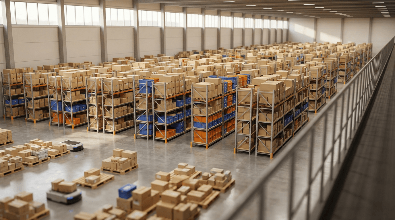 Warehouse worker scanning inventory on stacked boxes