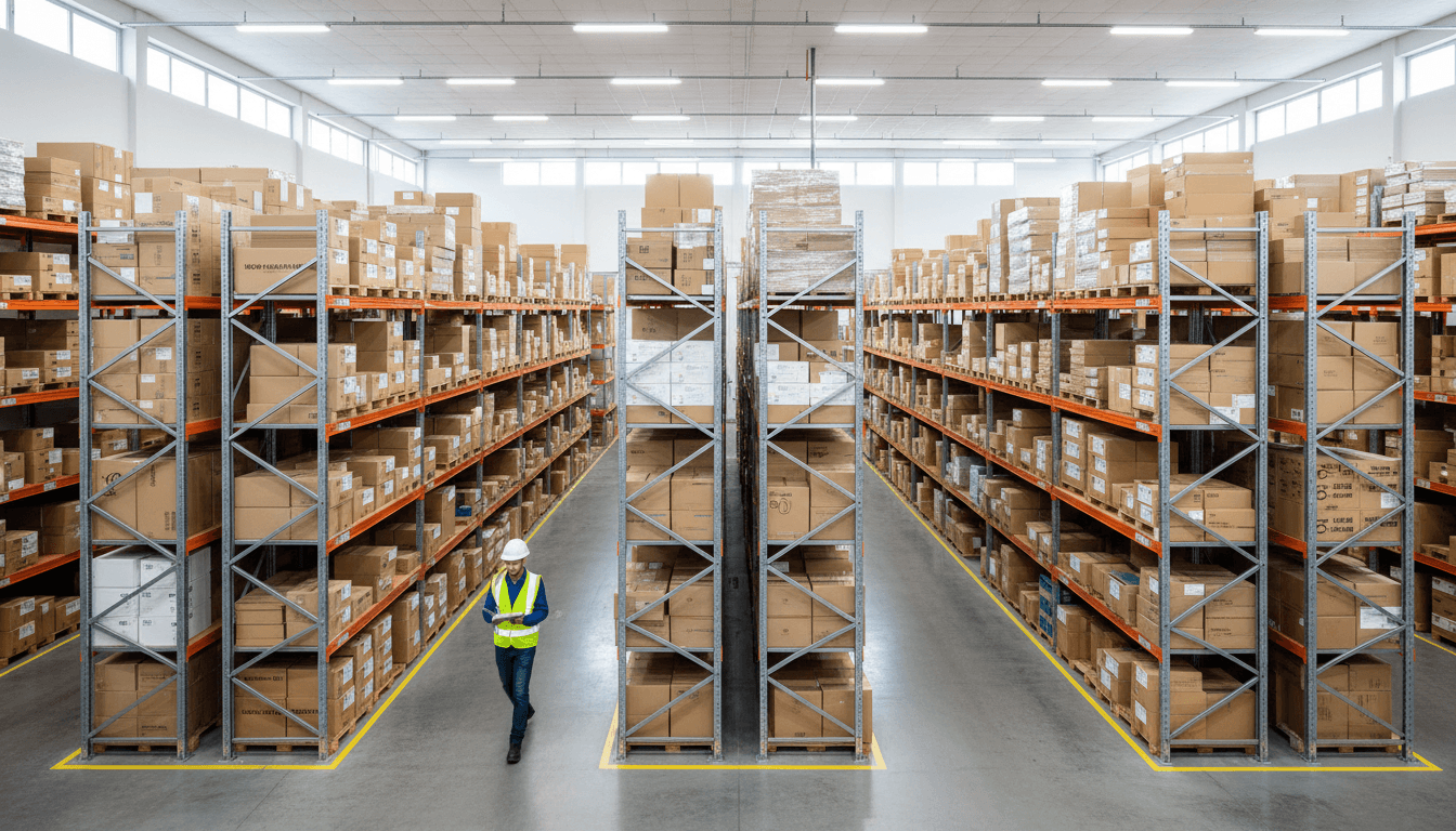 Rows of labeled pallet racks in a tidy Toronto warehouse with a worker checking inventory