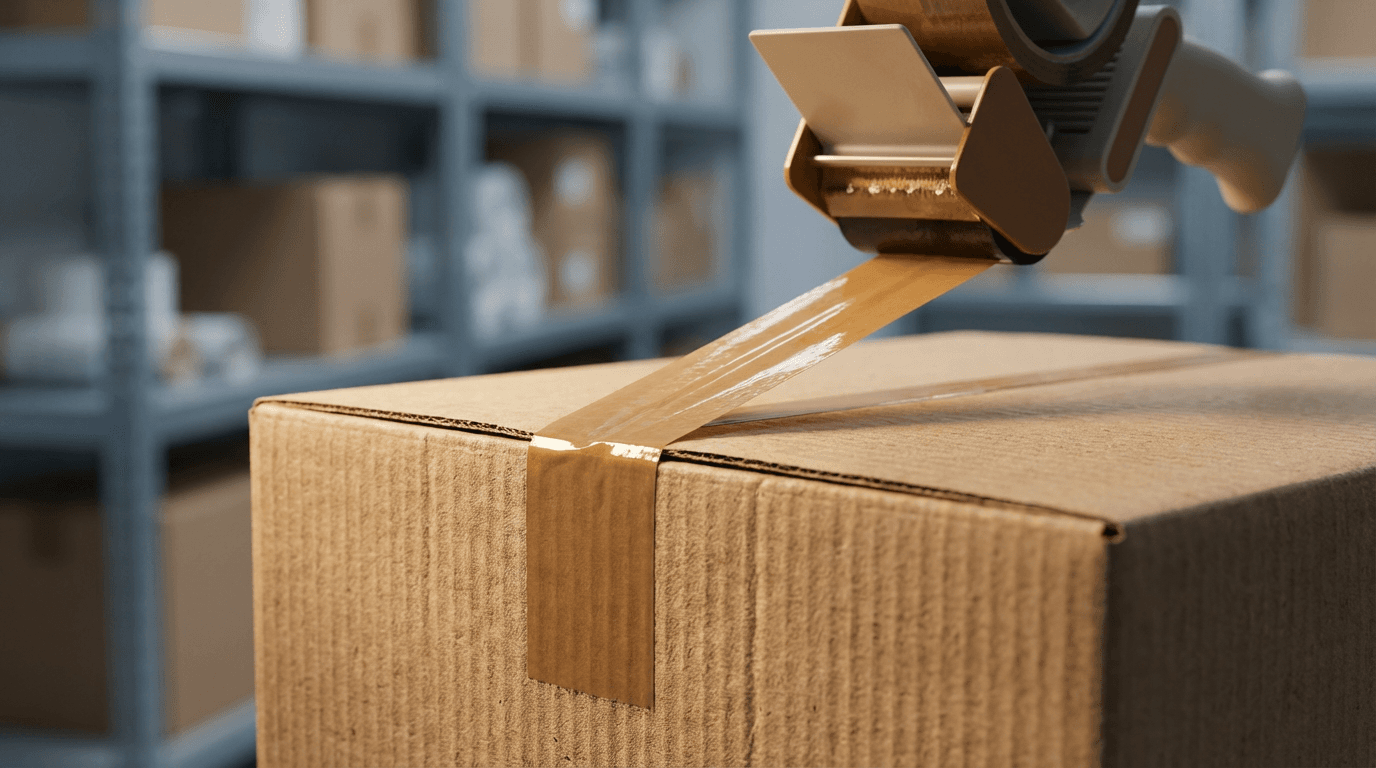 Hands applying a barcode label to a box on a warehouse shelf