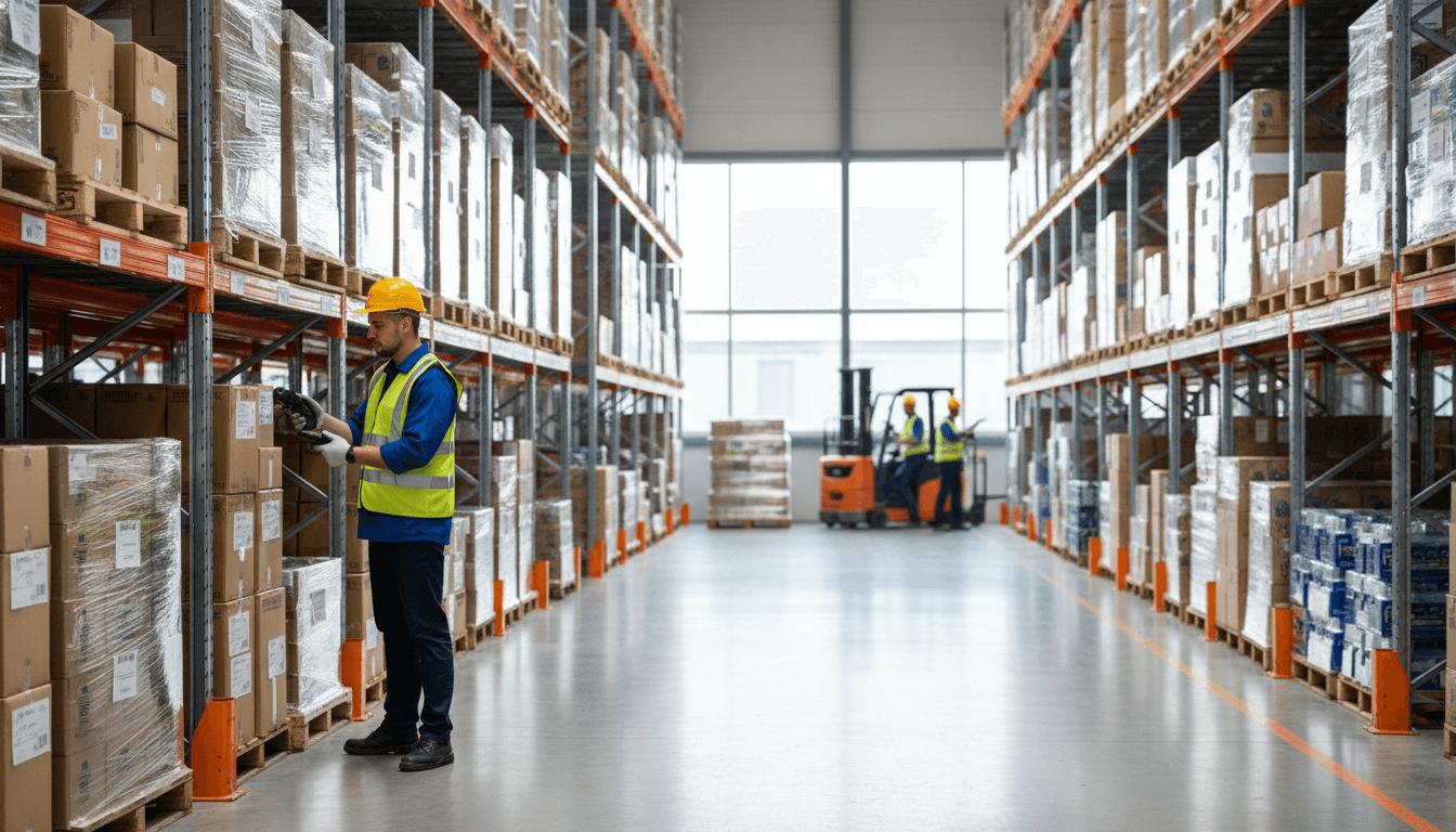 Warehouse worker scanning a box with a handheld scanner