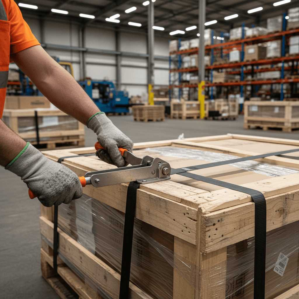 Worker wrapping a pallet for storage